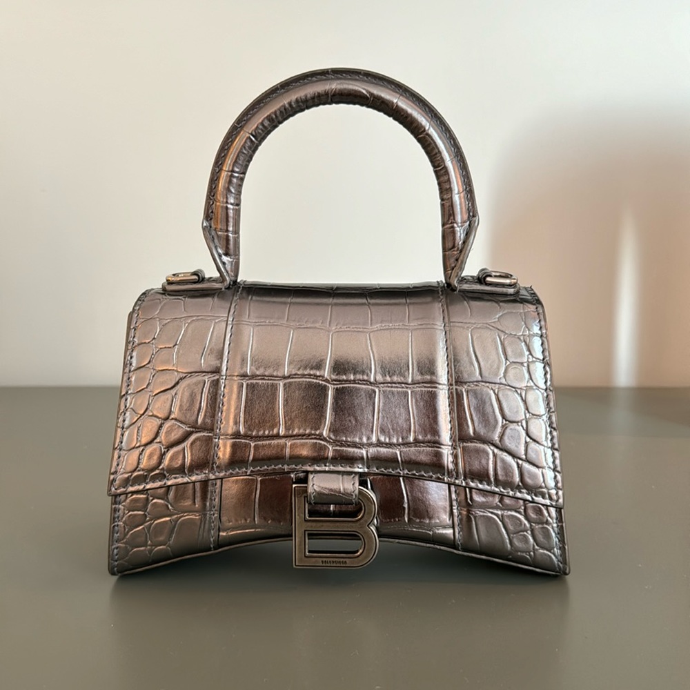 BALENCIAGA Metallic Calfskin Crocodile Embossed Hourglass Top Handle Bag XS